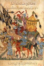 Miniature from one of the greatest Arabic illuminated manuscripts, a compendium of tales by al-Hariri of Basra (446-516 A.H. / 1054-1122) illustrated by Yahya ibn Mahmud al-Wasiti: The Maqamat (Assemblies). Paris, Bibl. Nat., MS arabe 5847.